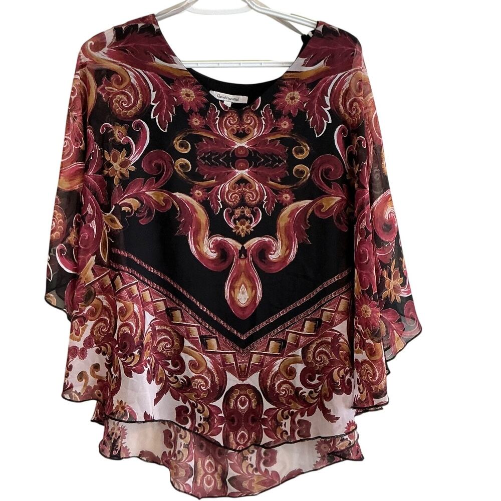 Quintessential Floral Paisley Poncho Blouse Lined Sheer Chiffon Top L